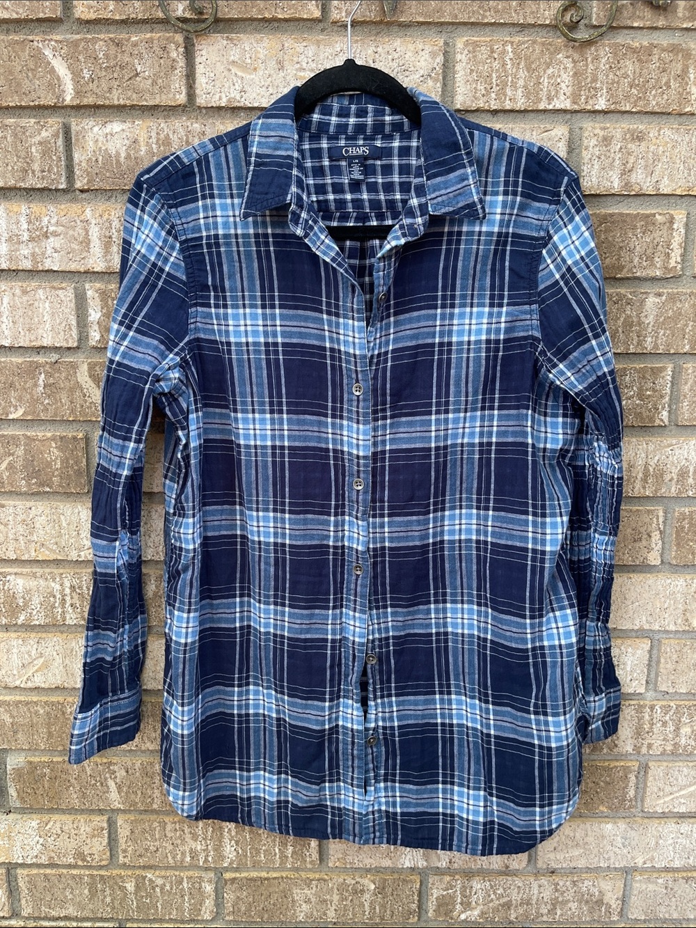 Chaps Women’s Western Blue Plaid Equestrian Button-Up Shirt size Lg